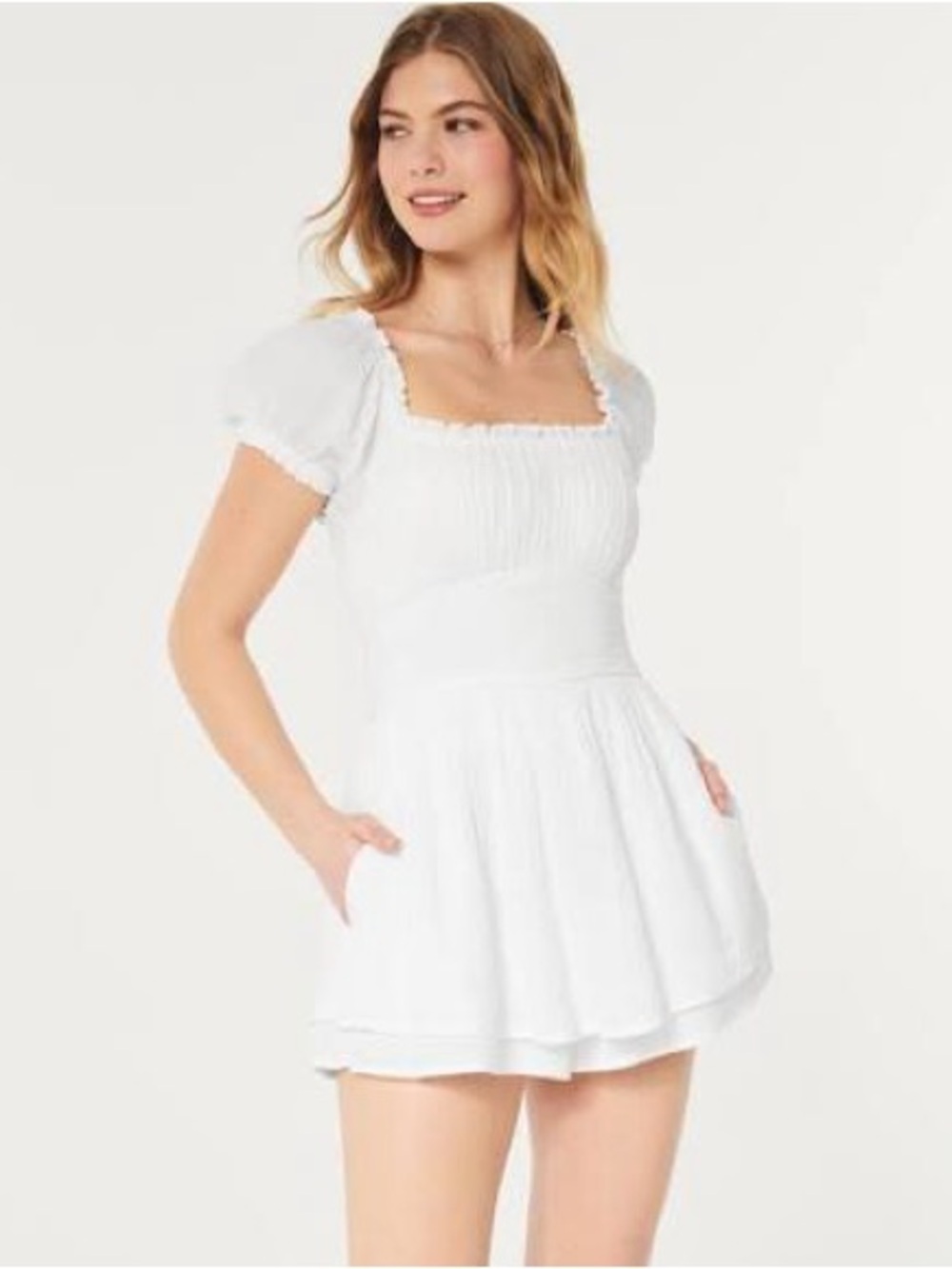 Hollister White Puff-Sleeve Smocked Mini Dress